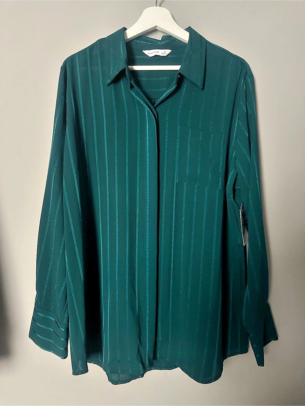 Nine West Striped Button Down Top in Green XL NWT